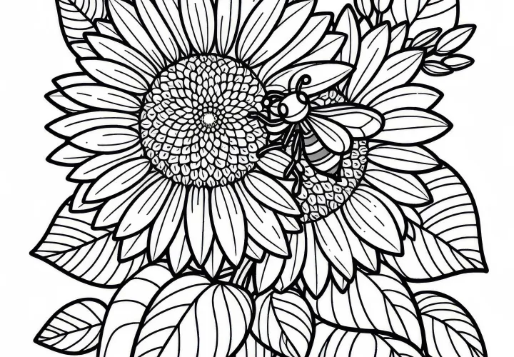 Penggambaran Bunga Matahari dengan Lebah - Unduh Template Mewarnai Bunga Musim Panas Secara Gratis
