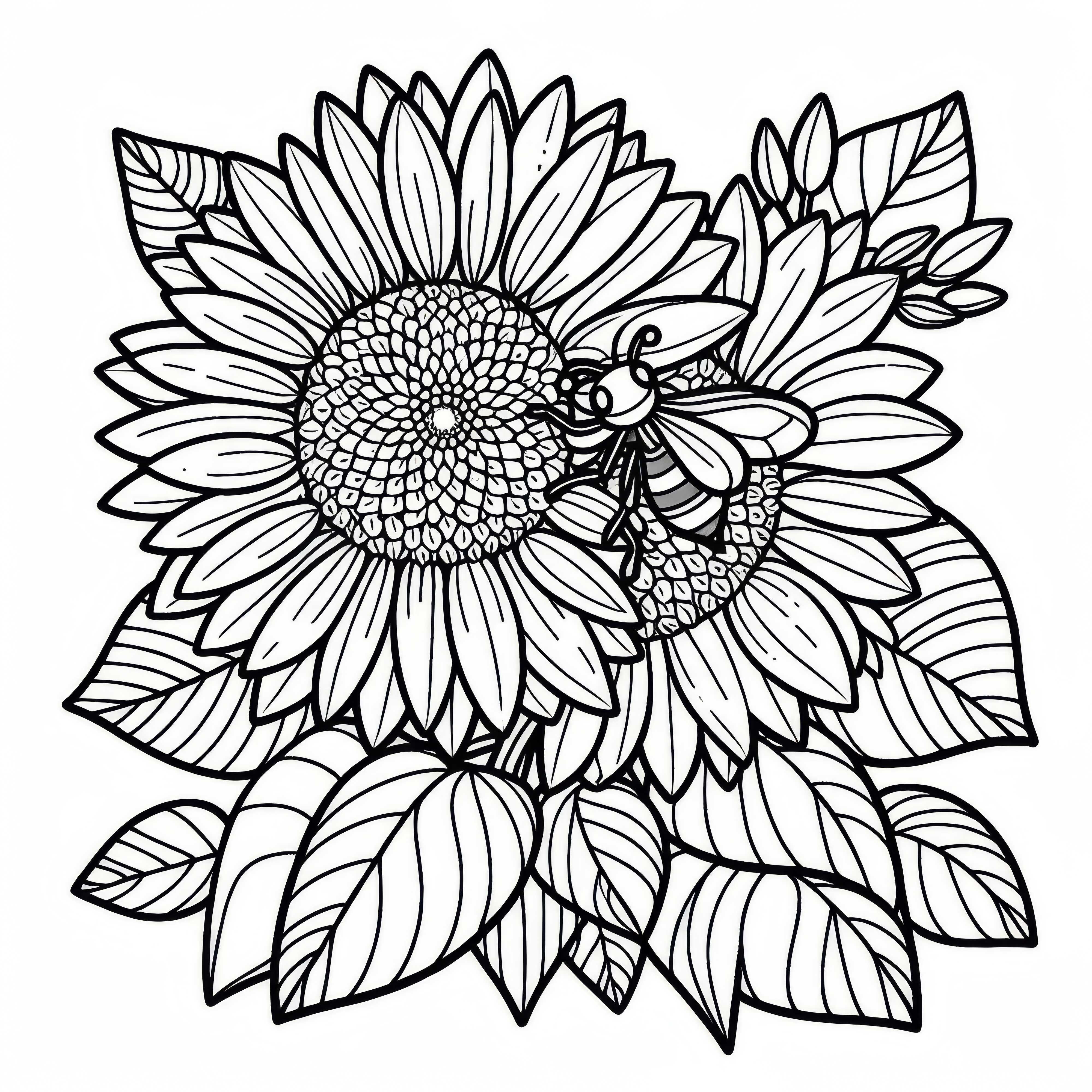 Цветение подсолнухов с пчелой &ndash; бесплатно скачать раскраску для летних цветов