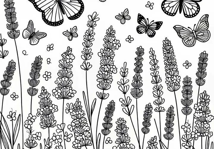 Lapangan lavender dengan kupu-kupu yang berterbangan - Unduh gambar mewarnai bunga musim panas secara gratis