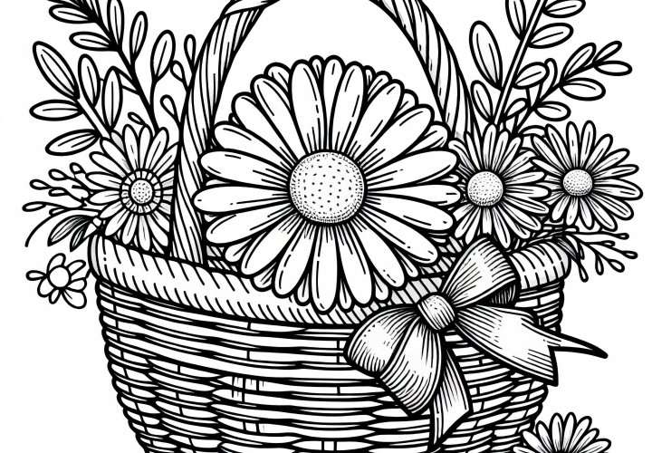 V ogledalu je slika marjetice v košari z zanko - brezplačna risba za poletne rože