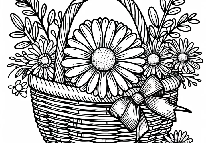 Gambar mewarnai bunga margarita dalam keranjang anyaman dengan pita - Template mewarnai untuk bunga musim panas gratis