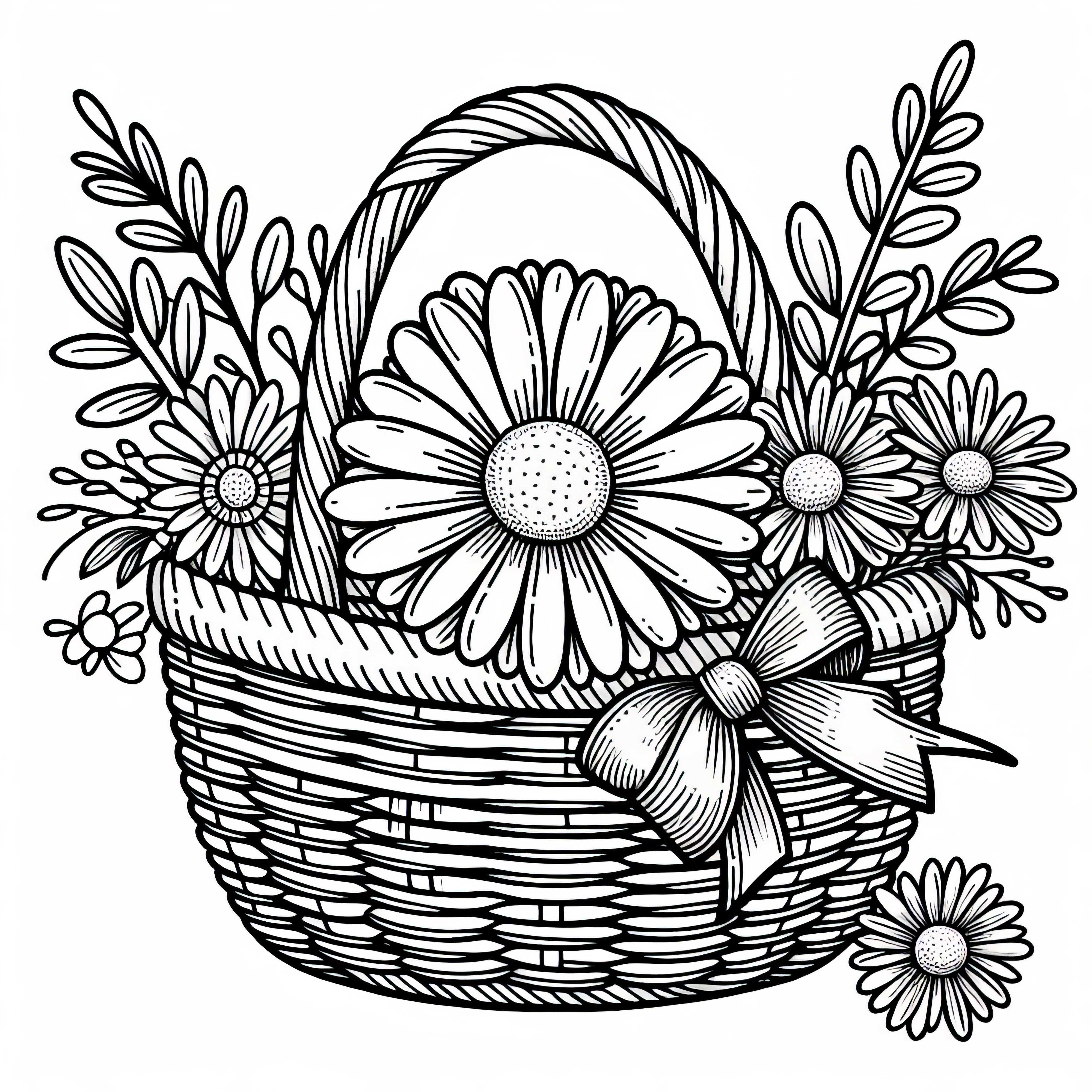 Desenho para colorir de uma margarida em uma cesta de vime com laço - Modelo para colorir de flores de verão grátis Imagem para colorir de uma margarida em uma cesta de vime com laço - Modelo para colorir flores de verão grátis