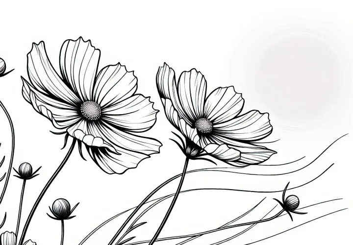 Bunga Cosmea di Angin - Gambar mewarnai untuk bunga musim panas gratis