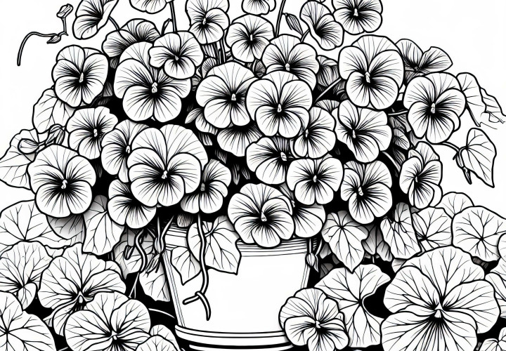 Капуцинерка, которая вьется по цветочному горшку – раскраска летнего цветка бесплатно