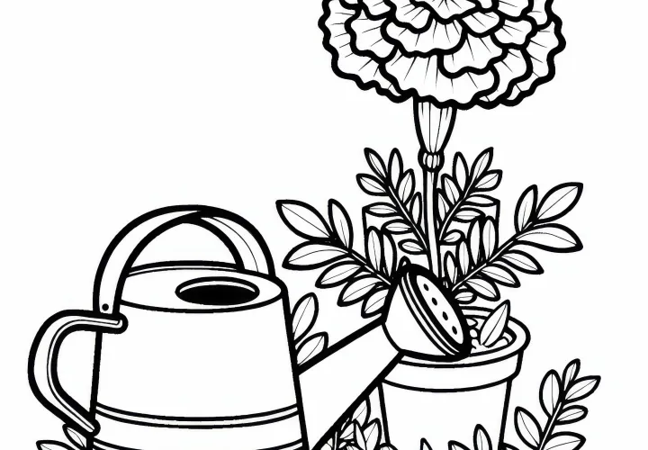 Bunga calendula di samping penyiraman - Template mewarnai untuk bunga musim panas yang dapat diunduh secara gratis