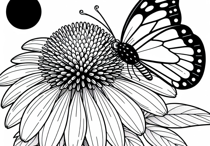 Цветок эхинацеи с бабочкой – бесплатная раскраска для лета