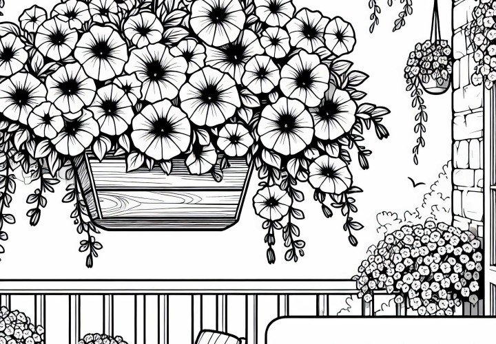 Льющиеся петунии в балконном ящике – раскраска для летних цветов