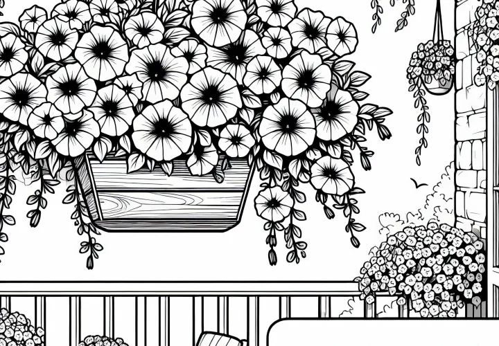 Petunia yang menggantung dalam kotak balkon – Template mewarnai untuk bunga musim panas