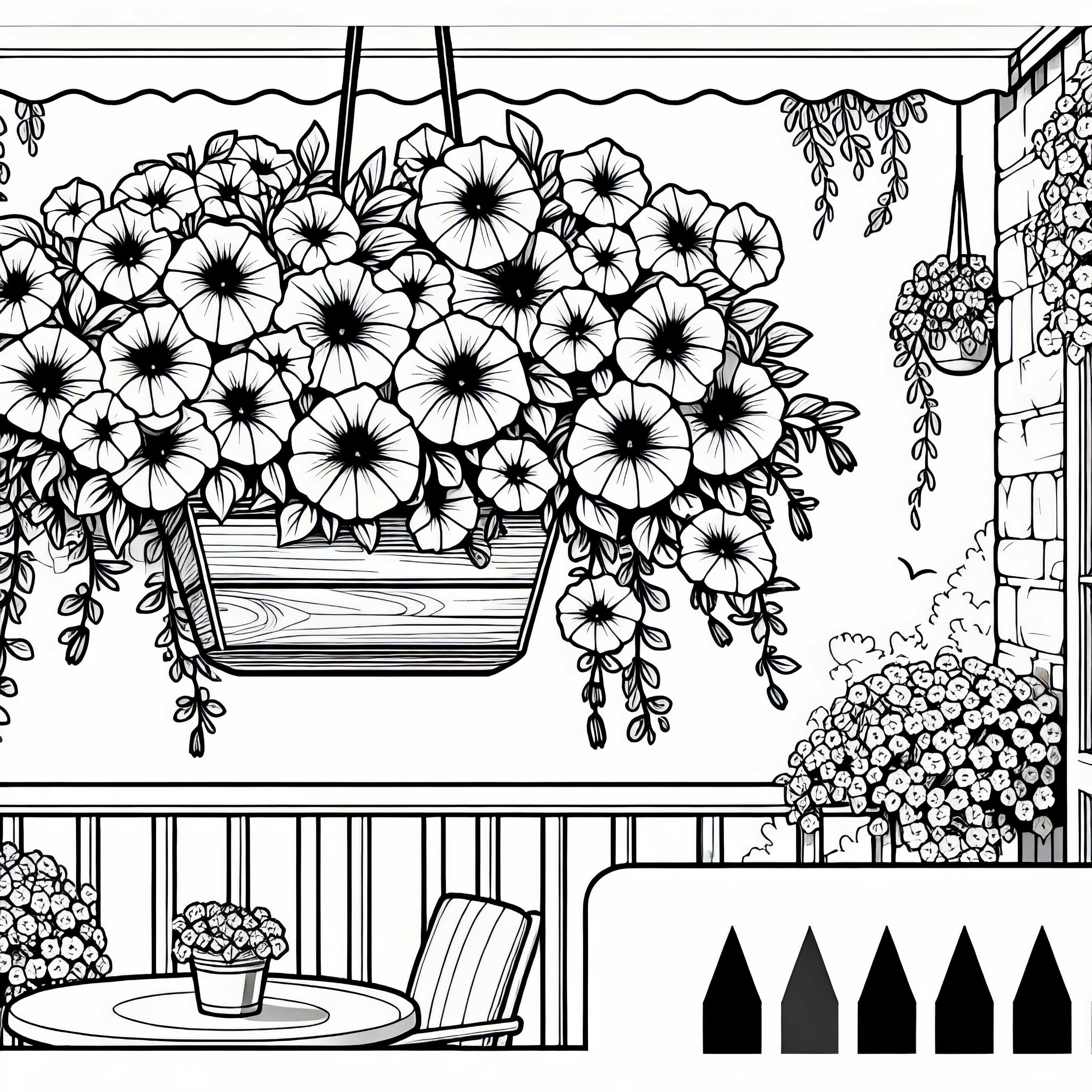 Ha&auml;ngende Petunien im Balkonkasten &ndash; Malvorlage f&uuml;r Sommerblumen