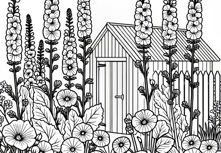 Høye malvastengler foran hageskuret – Maleark sommerblomst Gratis