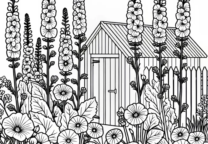 Batang mallow tinggi di depan gudang taman - Template gambar bunga musim panas gratis