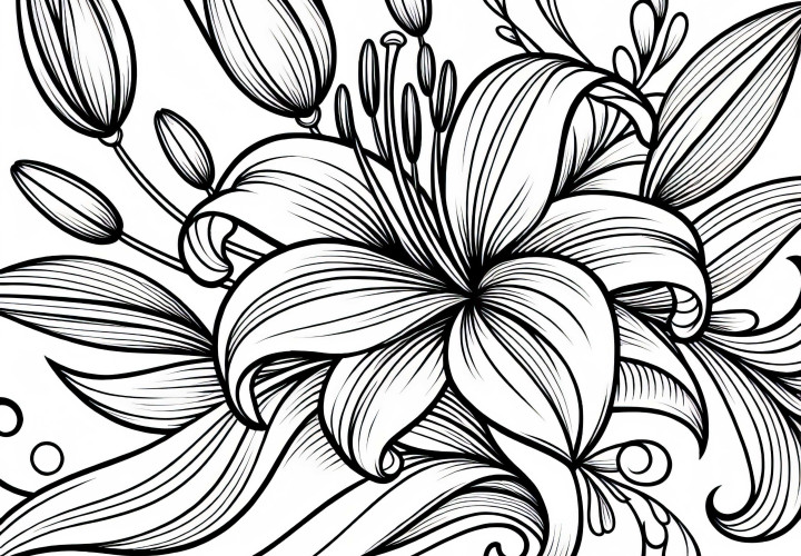 Elegant lilje med buede blader - Fargeleggingsmal for sommerblomster til gratis nedlasting