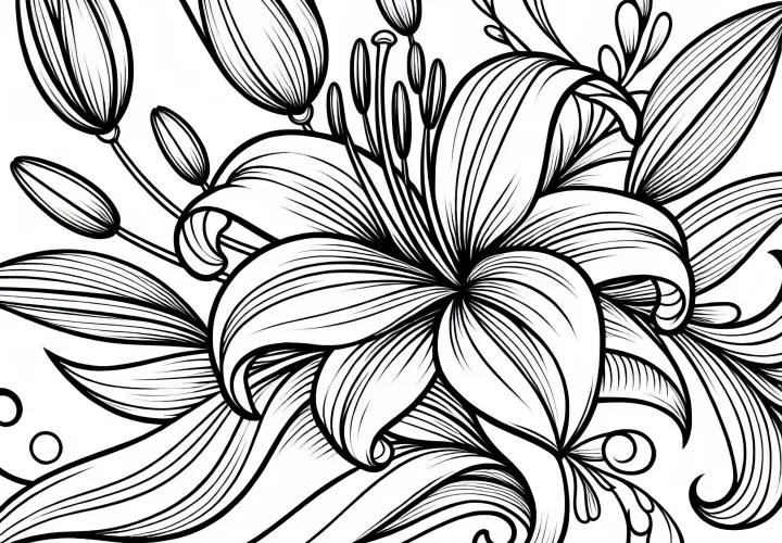 Lili elegan dengan daun melengkung - Stensil untuk bunga musim panas yang dapat diunduh gratis