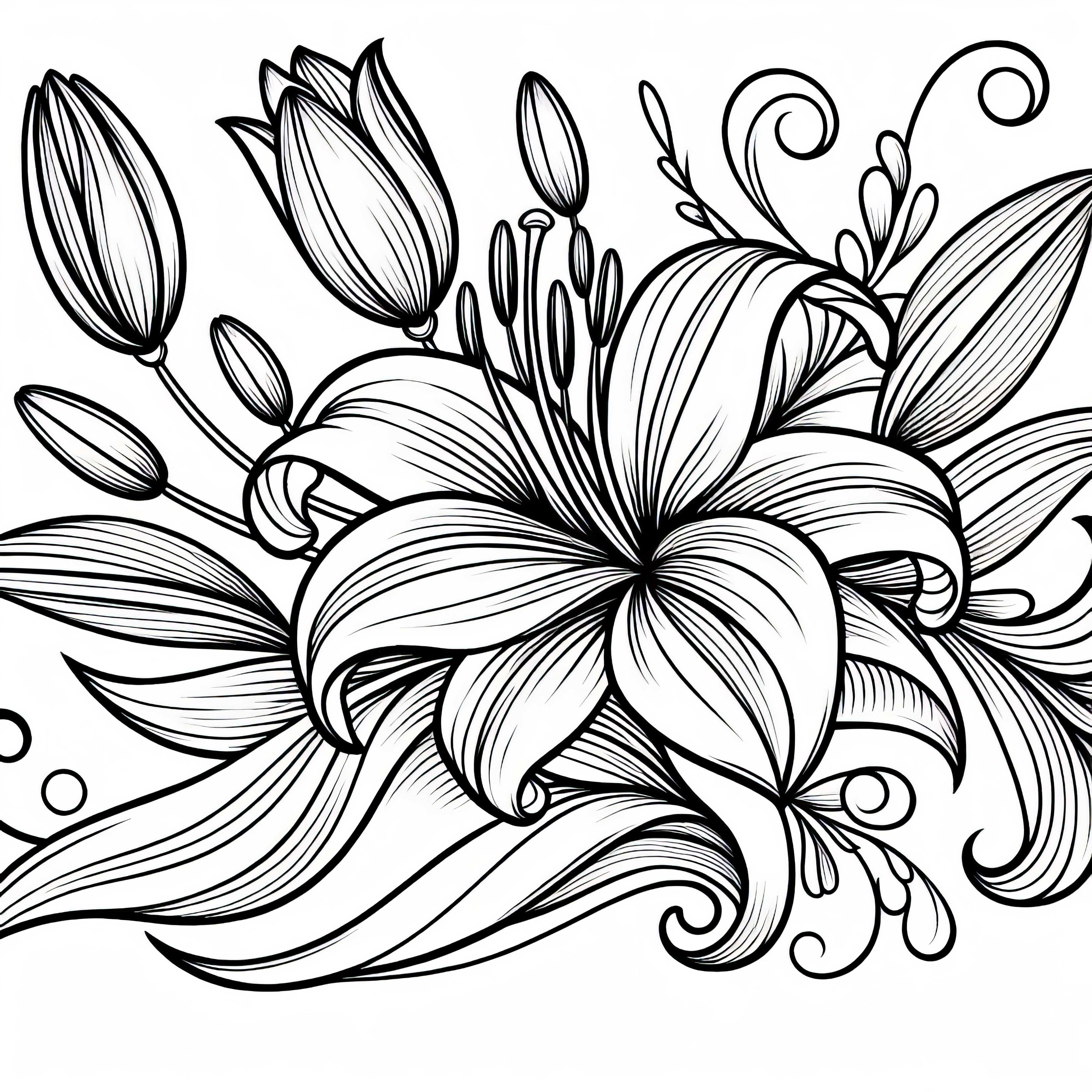 Elegant lilje med buede blader - fargelegge for sommerblomster for gratis nedlasting