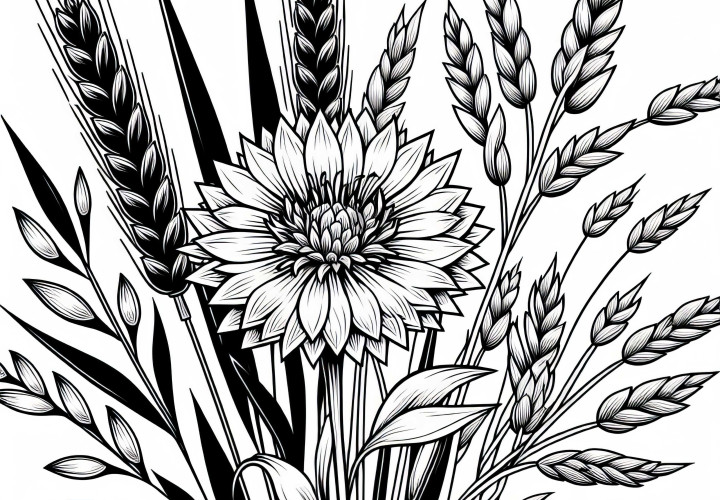 Рисунок для раскрашивания василька среди колосьев – Бесплатный летний цветок для раскрашивания