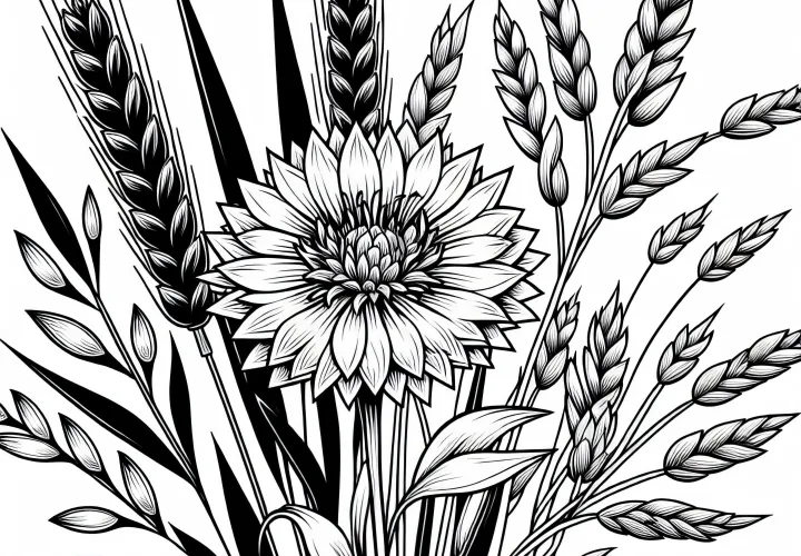 Gambar mewarnai bunga jagung di antara bulir gandum - Bunga musim panas gratis untuk diwarnai