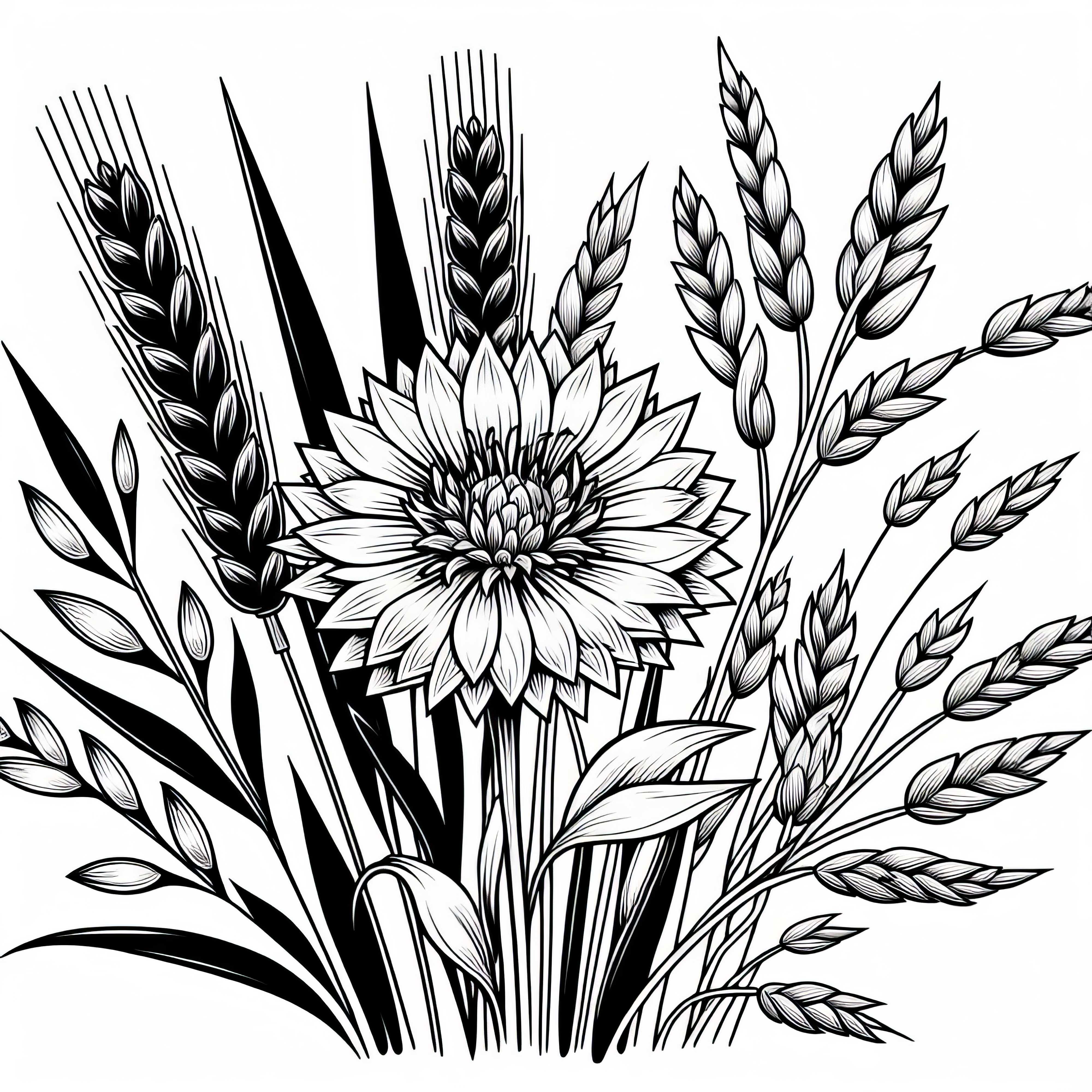 Desenho de uma flor de cent&aacute;urea entre espigas de gr&atilde;o - Flor de ver&atilde;o gratuita para colorir