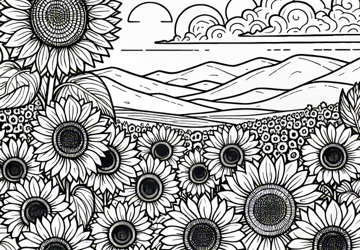 Campo cheio de girassóis molde para colorir de flores de verão grátis