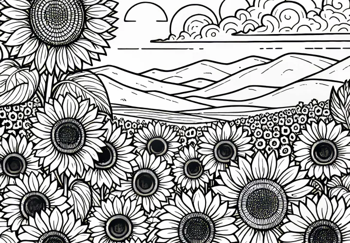 Halaman mewarnai ladang penuh bunga matahari untuk bunga musim panas gratis