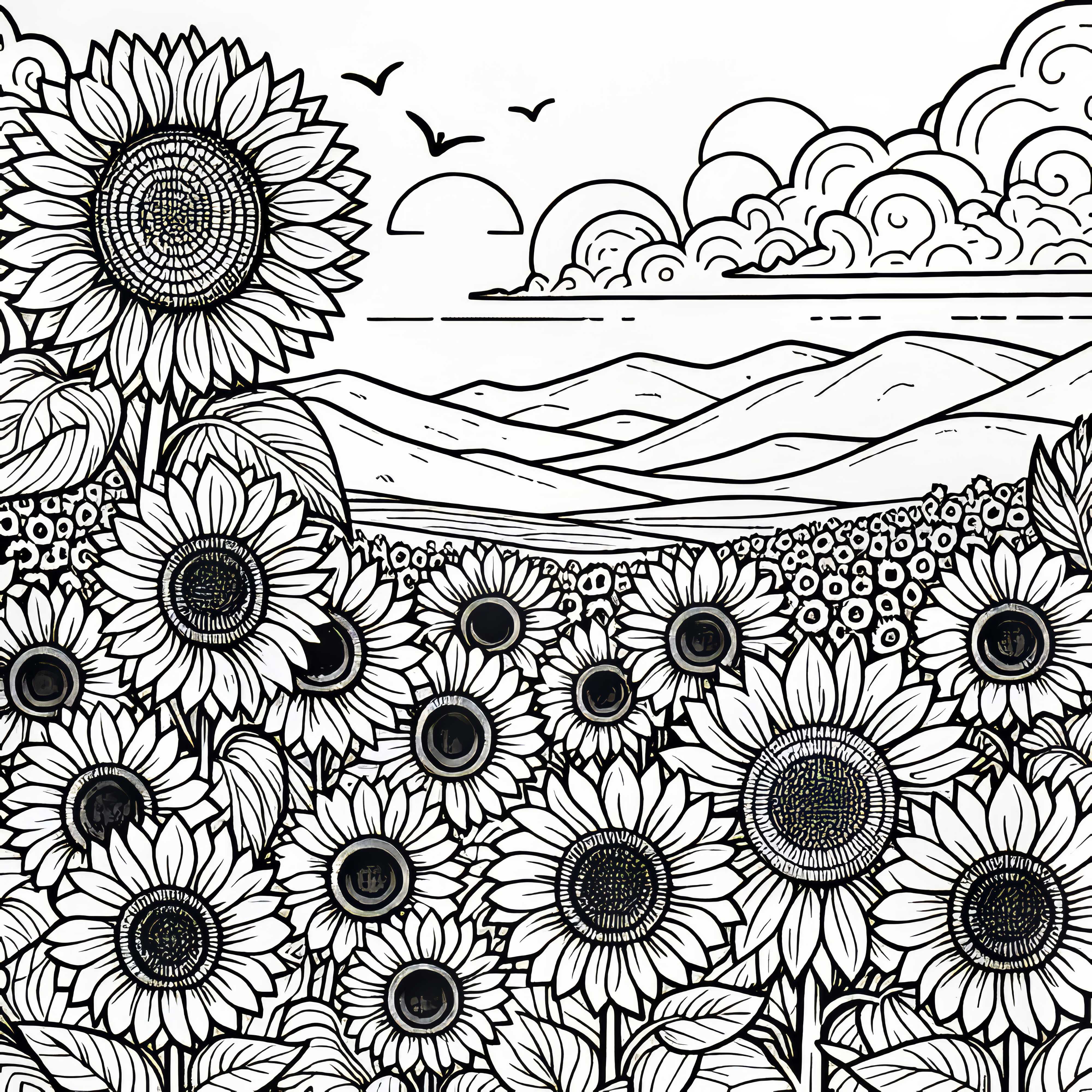 Feld voller Sonnenblumen Malvorlage f&uuml;r Sommerblumen kostenlos