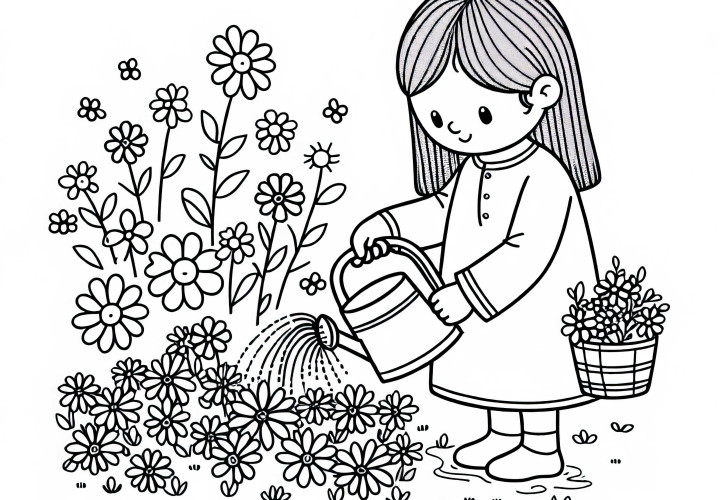 Barn vanner blomsterbed med sommerblomster – gratis tegning