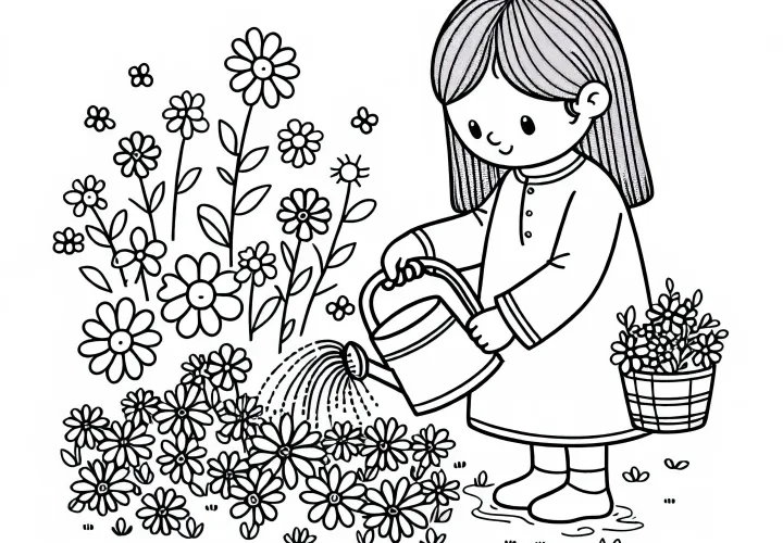 Anak menyiram kebun dengan bunga musim panas - Gambar pewarna gratis