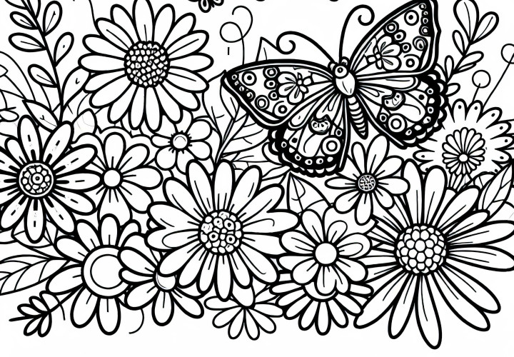 Бабочка летает среди летних цветов – Бесплатная раскраска