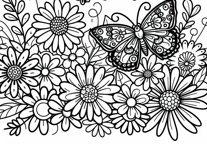 Kupu-kupu terbang di antara bunga musim panas - Gambar untuk diwarnai gratis
