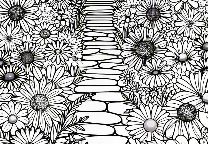 Путь проходит через море летних цветов - Бесплатная раскраска