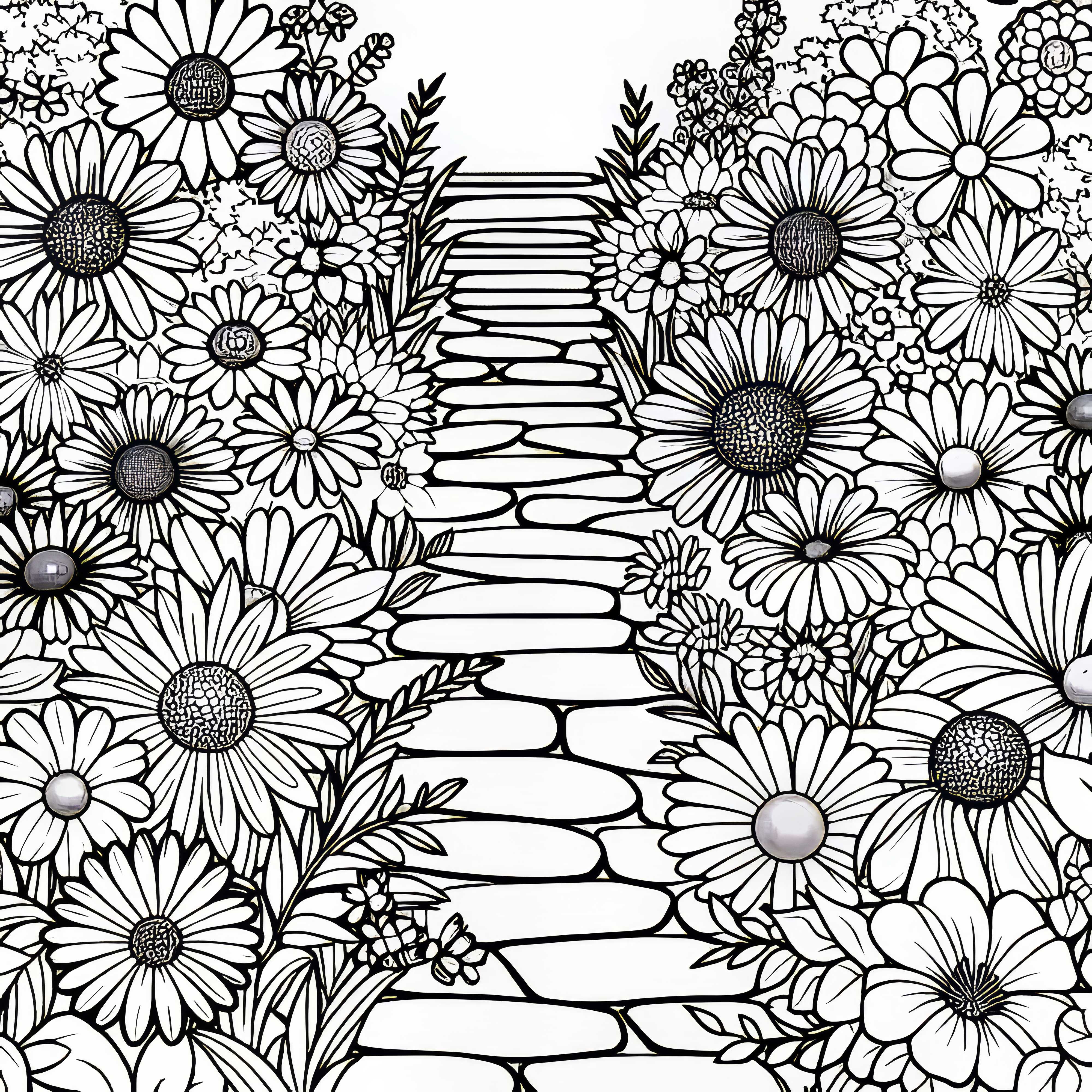 Stien f&oslash;rer gjennom et hav av sommerblomster - Gratis fargeleggingsbilde