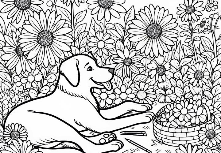 Hund ligger mellom sommerblomster – Last ned fargeleggingsbilde gratis