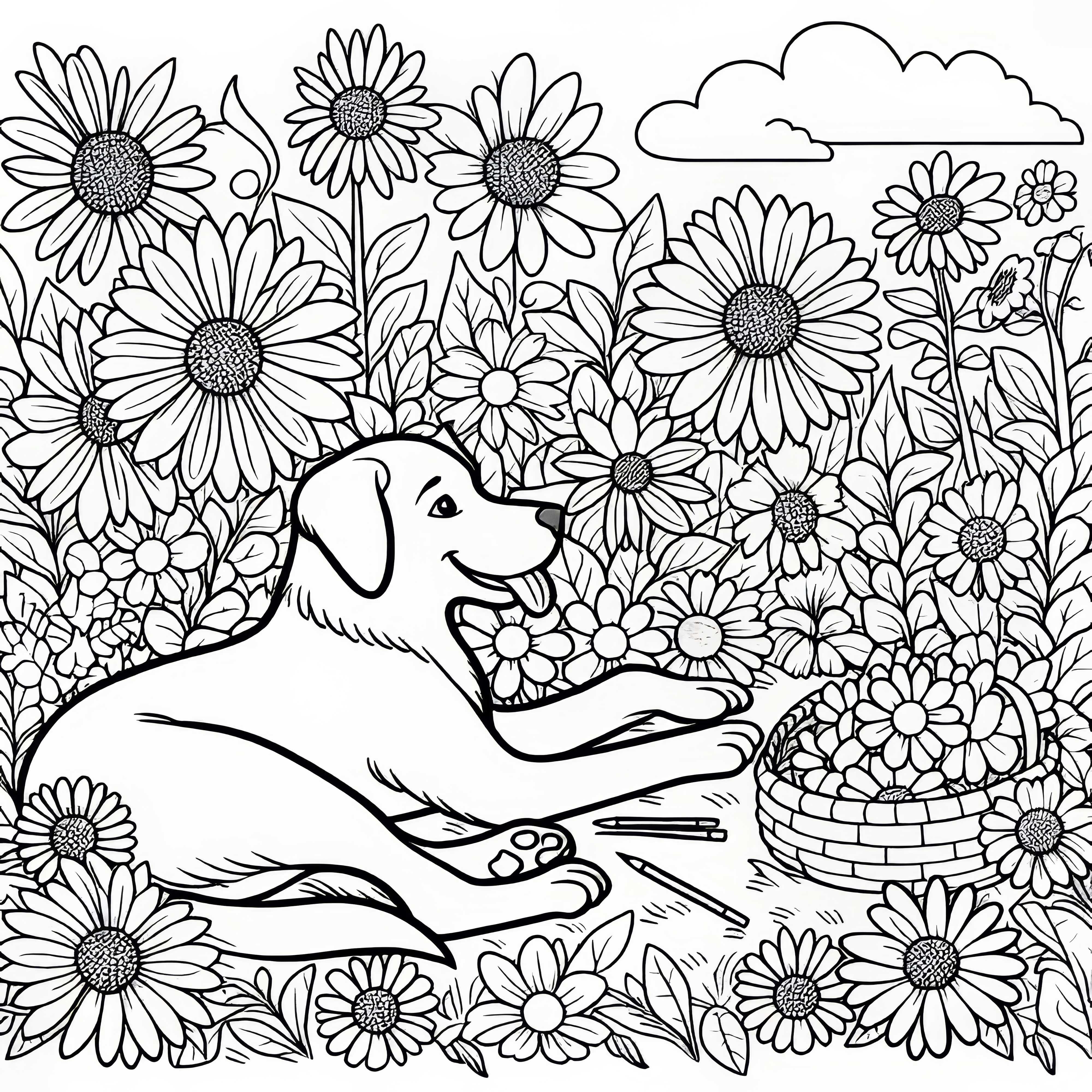 개가 여름 꽃 사이에 누워 있습니다 &ndash; 무료 색칠하기 그림 다운로드