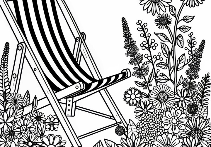 Liggestolen står ved siden av bed med sommerblomster – Fargeleggingsmal gratis