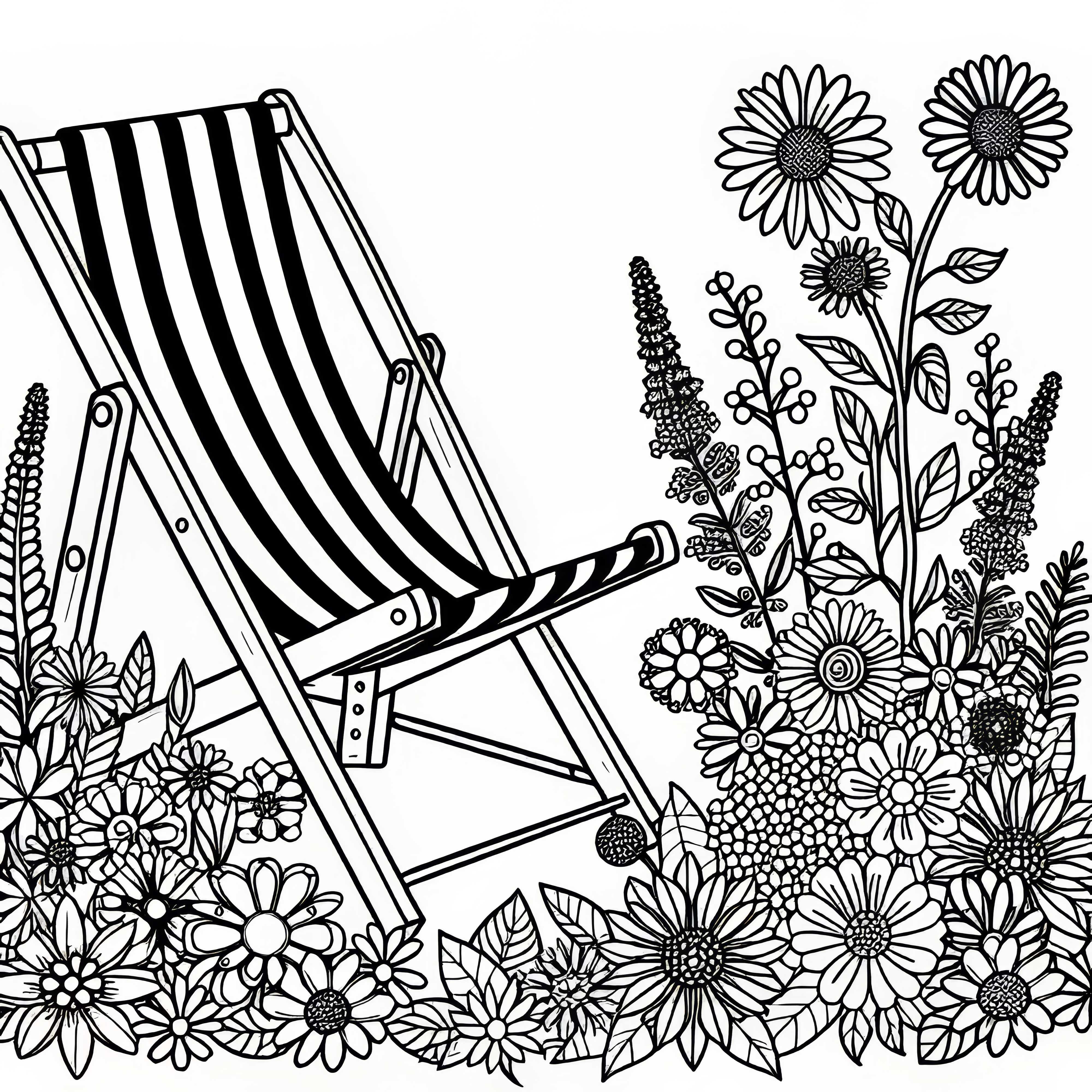 Liggestol st&aring;r ved siden av bed med sommerblomster &ndash; Malemalingsmal gratis