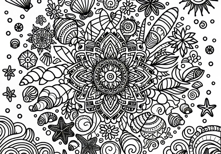 Strand-Mandala fargeleggingsbilde sommer gratis