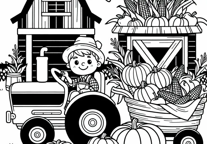 Ferma cu căruță de recolta, tractor plin cu dovleci și știuleți de porumb - desen de colorat pentru recolta de toamnă gratuit Ferma cu căruță de recolta, tractor plin cu dovleci și știuleți de porumb - desen de colorat pentru recolta de toamnă gratuit