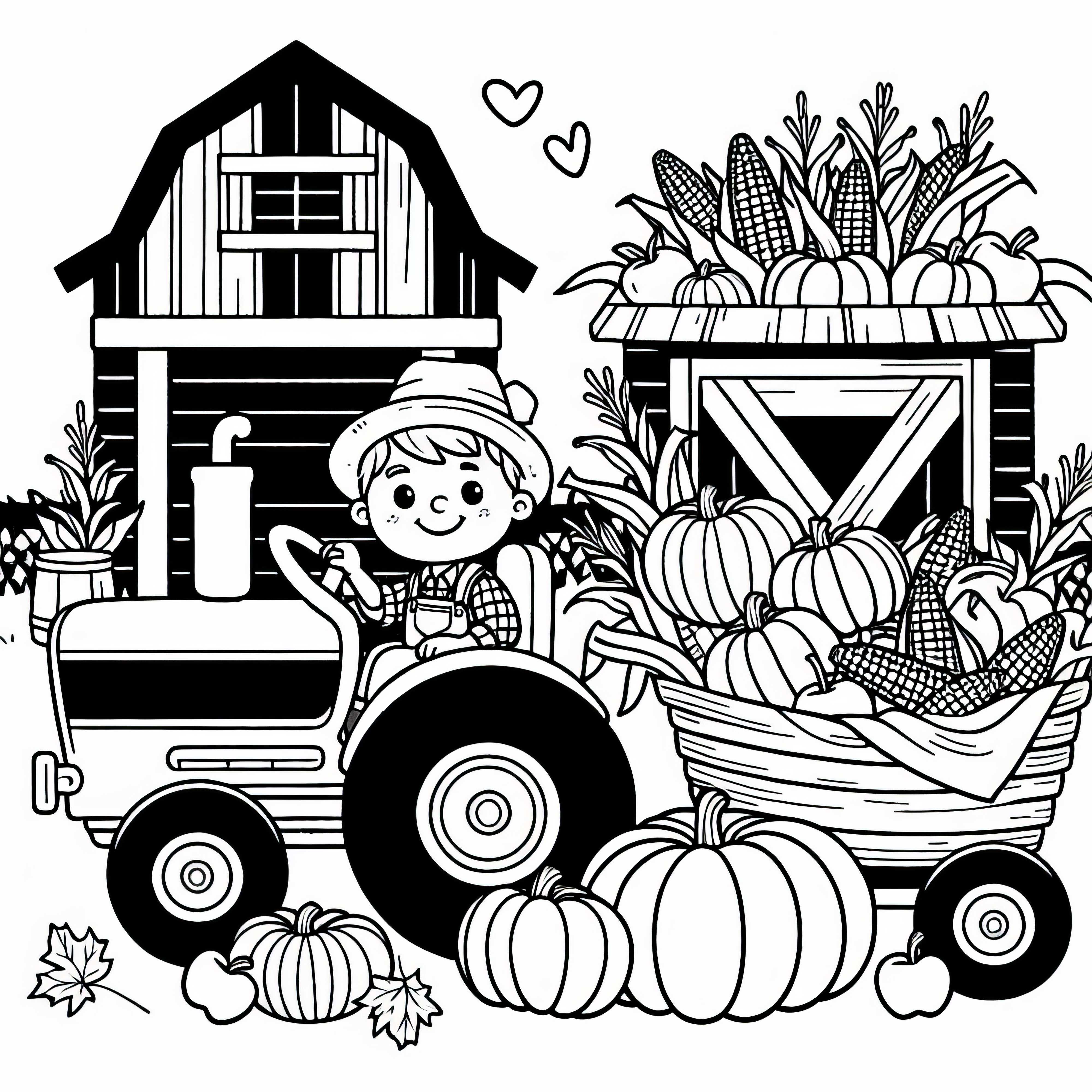 Kebun dengan truk panen, traktor penuh labu dan tongkol jagung - Gambar untuk diwarnai tentang panen musim gugur gratis