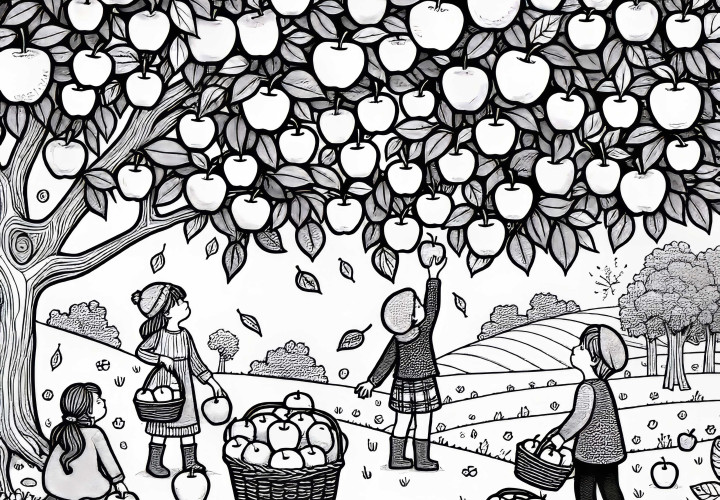Panen apel di kebun buah: Anak-anak memetik apel dari pohon - Gambar untuk diwarnai panen musim gugur gratis