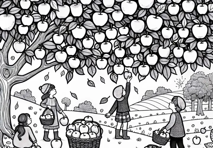 Recolta de mere în livadă: Copiii culeg mere de pe pom - Desen de colorat recoltă de toamnă gratuit Recolta de mere în livadă: Copiii culeg mere de pe pom - Desen de colorat recoltă de toamnă gratuit