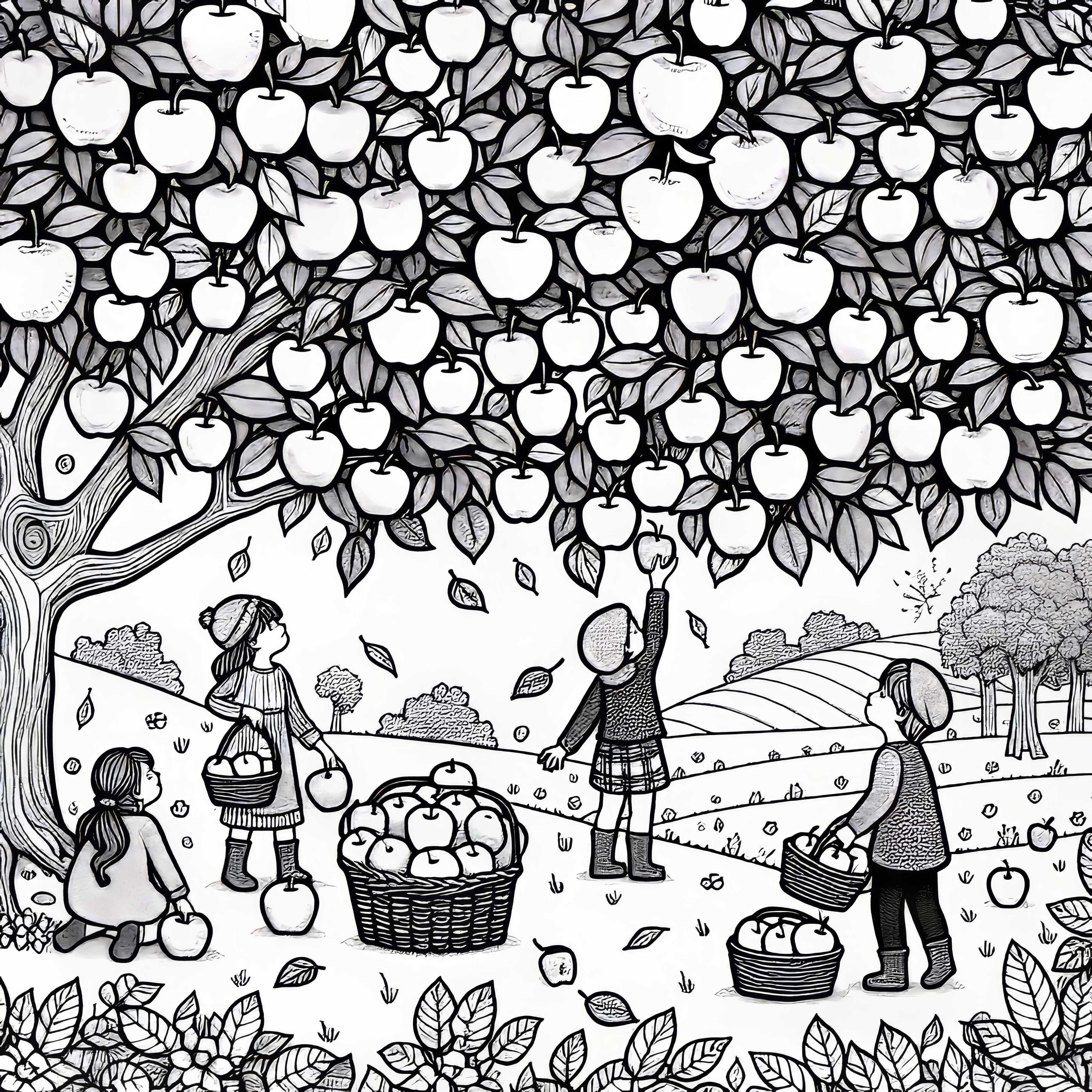 Pemanenan apel di kebun buah: Anak-anak memetik apel dari pohon - Gambar untuk diwarnai panen musim gugur gratis