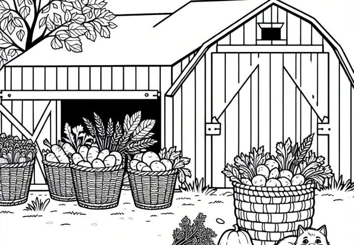 Șură cu coșuri de recoltă – Imagine de colorat pentru recolta de toamnă gratuit Șură cu coșuri de recoltă – Imagine de colorat pentru recolta de toamnă gratuit