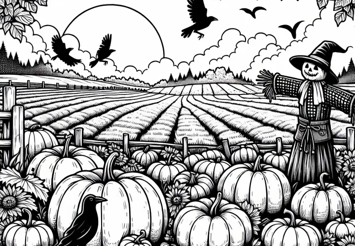 Câmp de dovleci la apus – Imagine de colorat pentru recolta de toamnă gratuit Câmp de dovleci la apus – Imagine de colorat pentru recolta de toamnă gratuit
