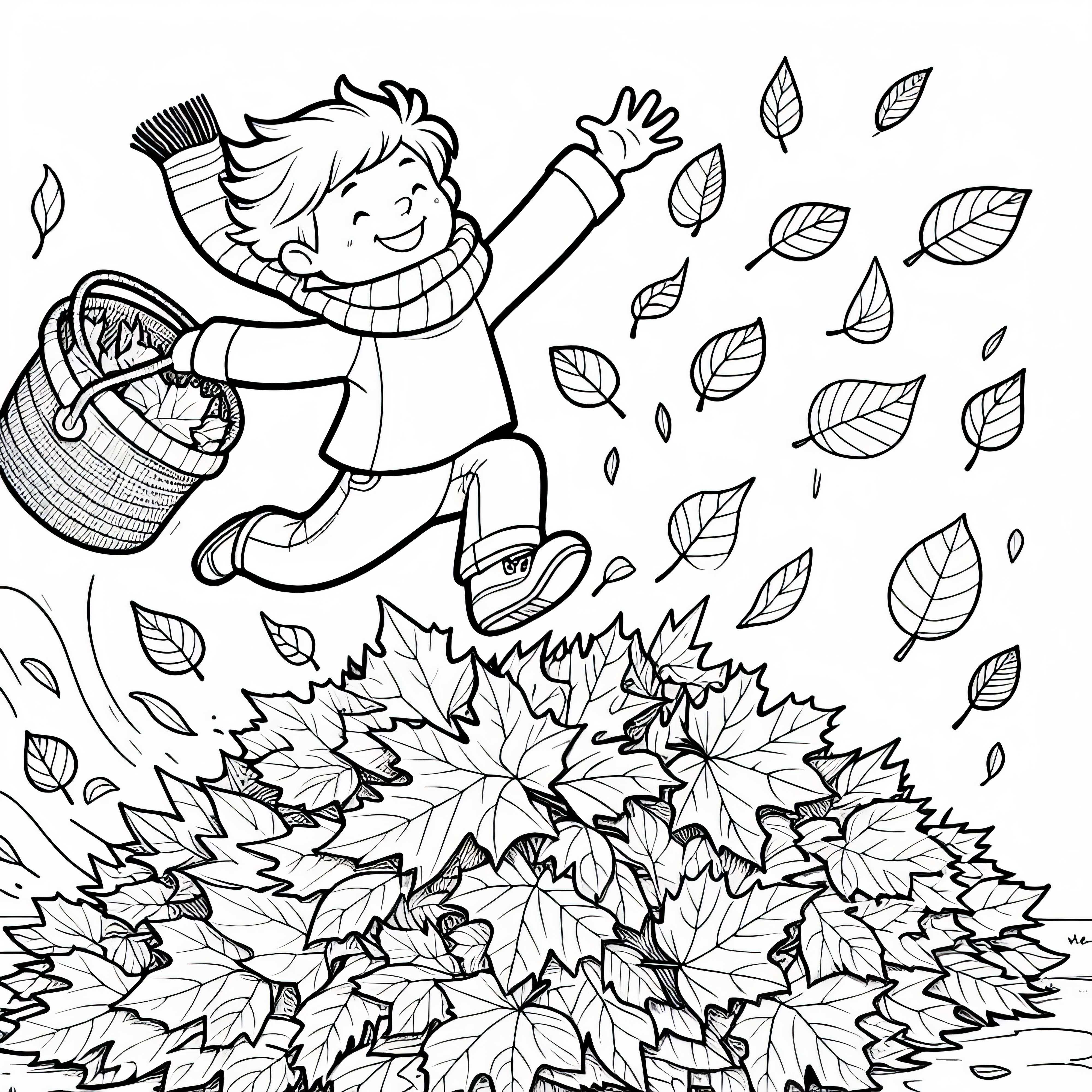 Niño salta riendo en montones de hojas - Dibujo para colorear de otoño gratis