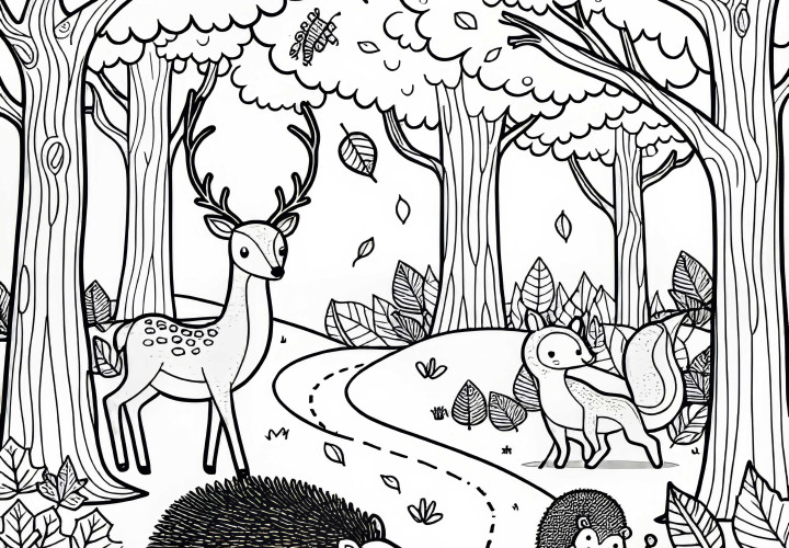Bosque de otoño con ciervo y erizo - Imagen para colorear de otoño gratis