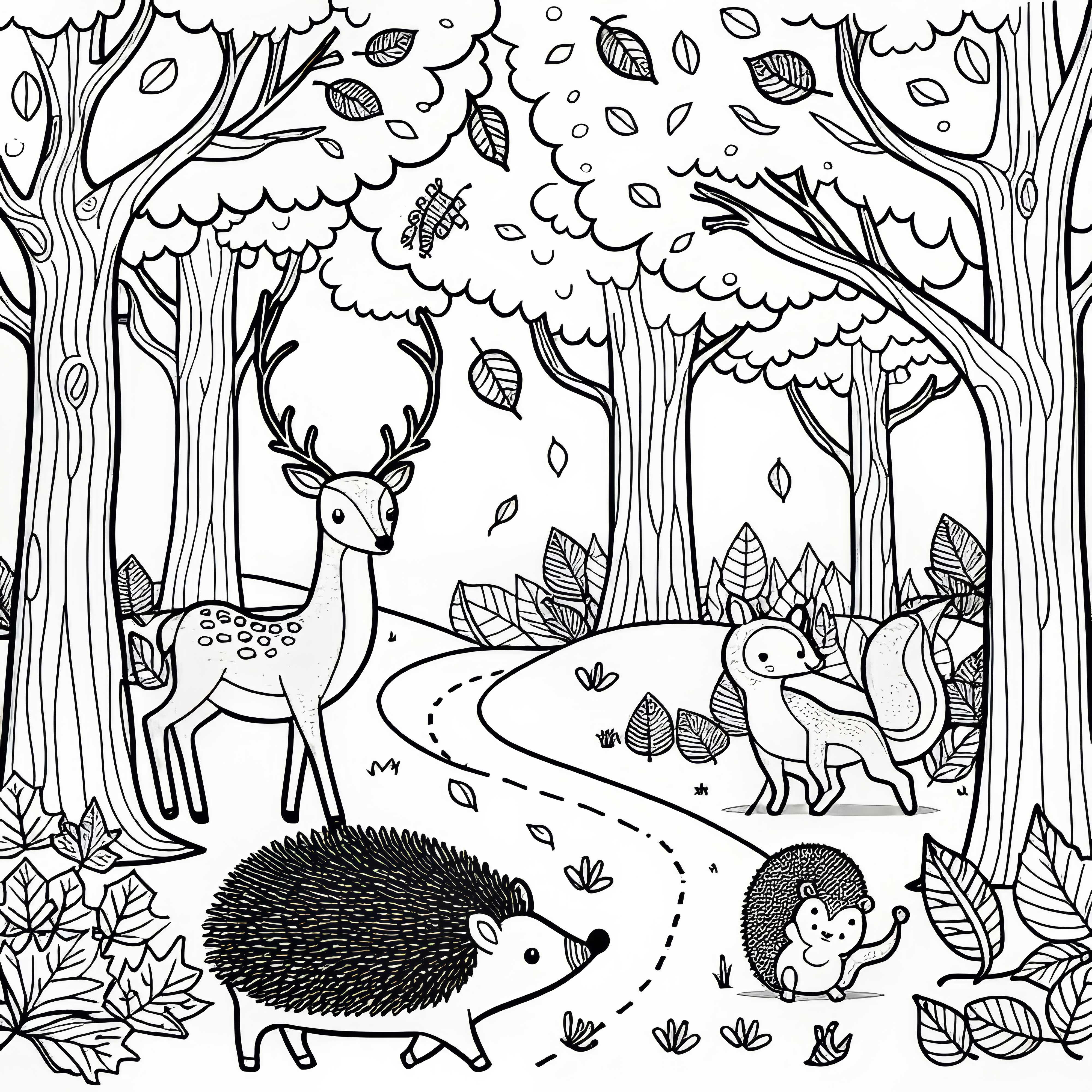 Bosque de otoño con ciervo y erizo - Imagen para colorear de otoño gratis