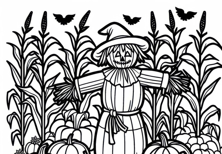 Espantapájaros entre calabazas y plantas de maíz - Dibujo para colorear de otoño gratis