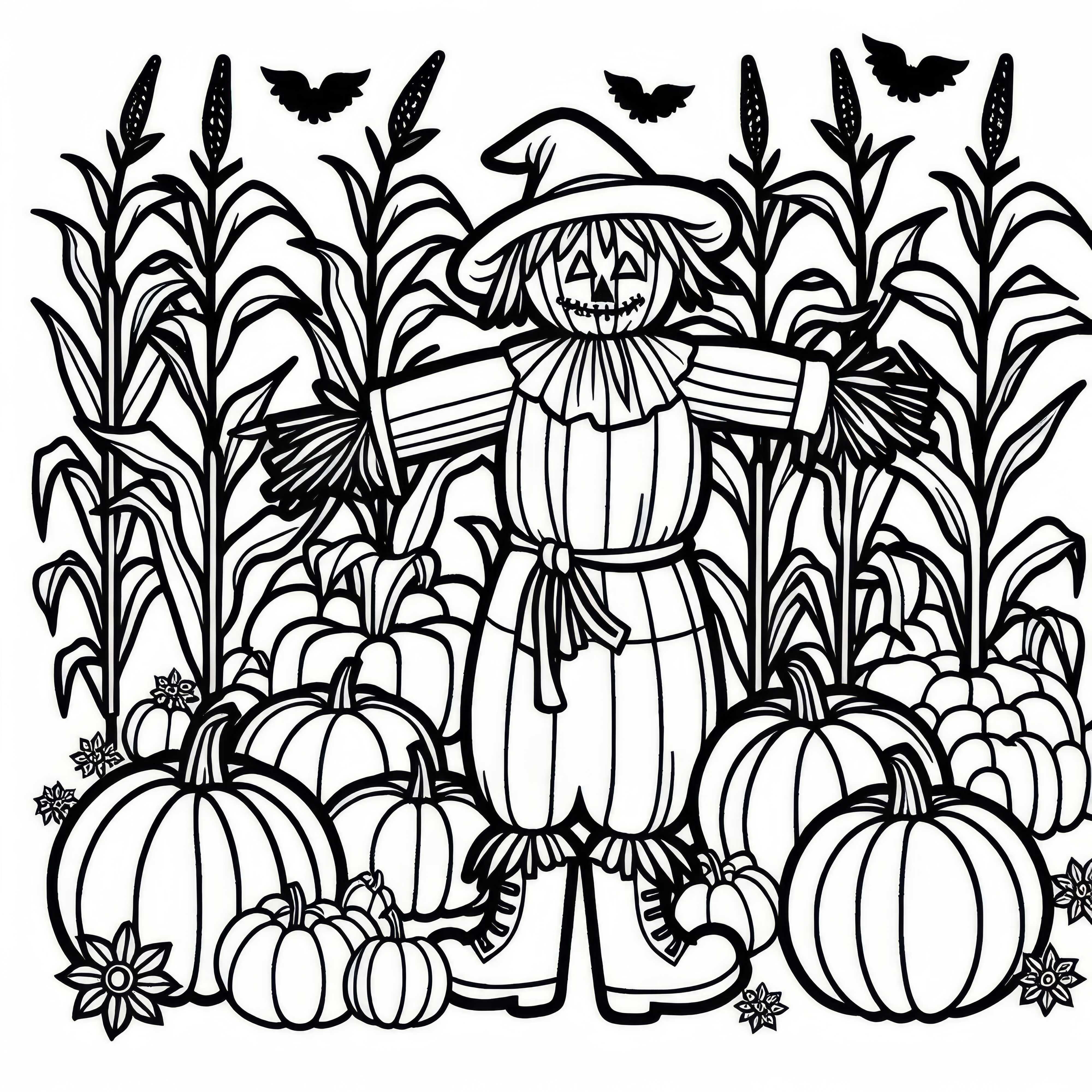Espantapájaros está entre calabazas y plantas de maíz - Dibujo para colorear de otoño gratis