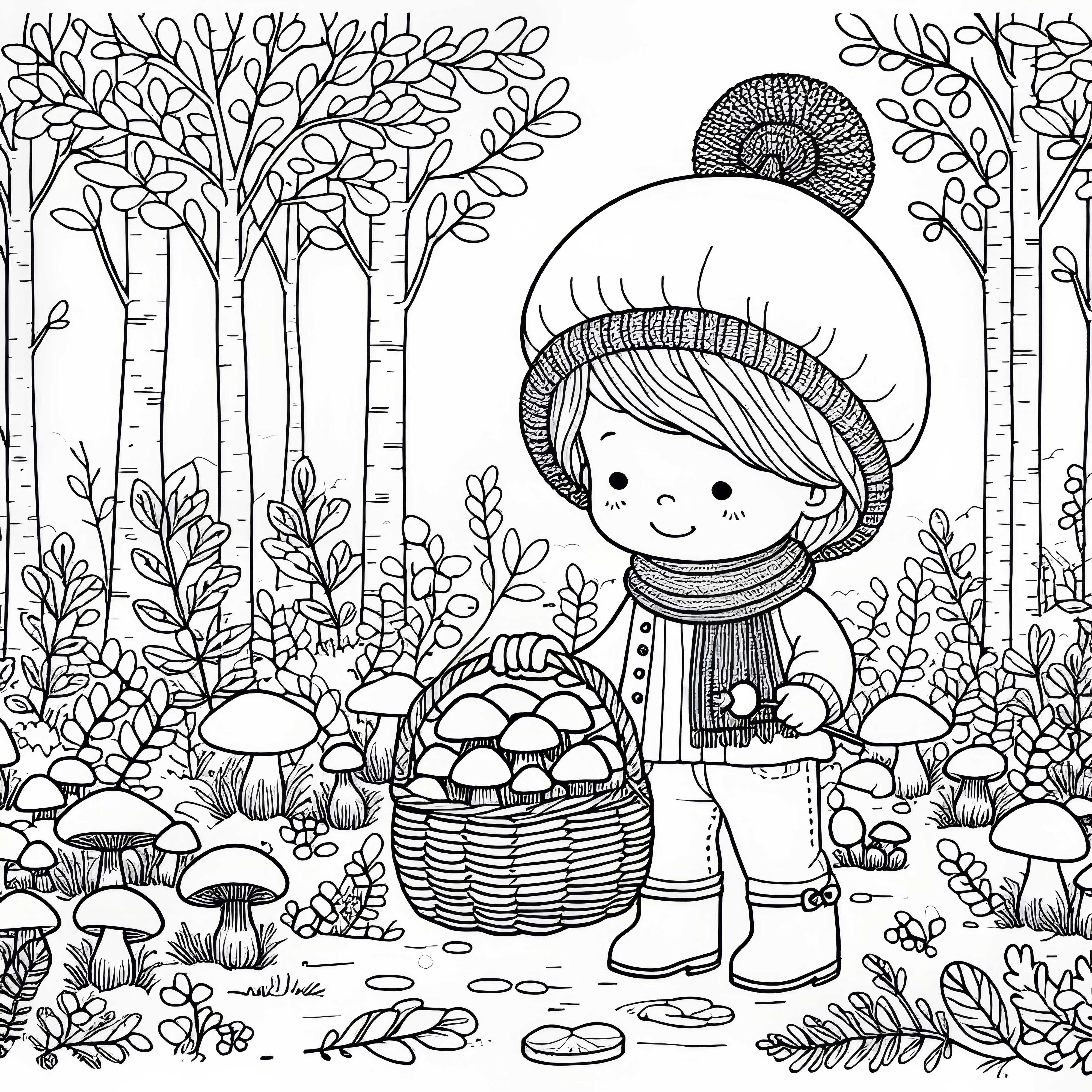 Niño recolecta setas en el bosque con una cesta en la mano - Dibujo para colorear de otoño gratis