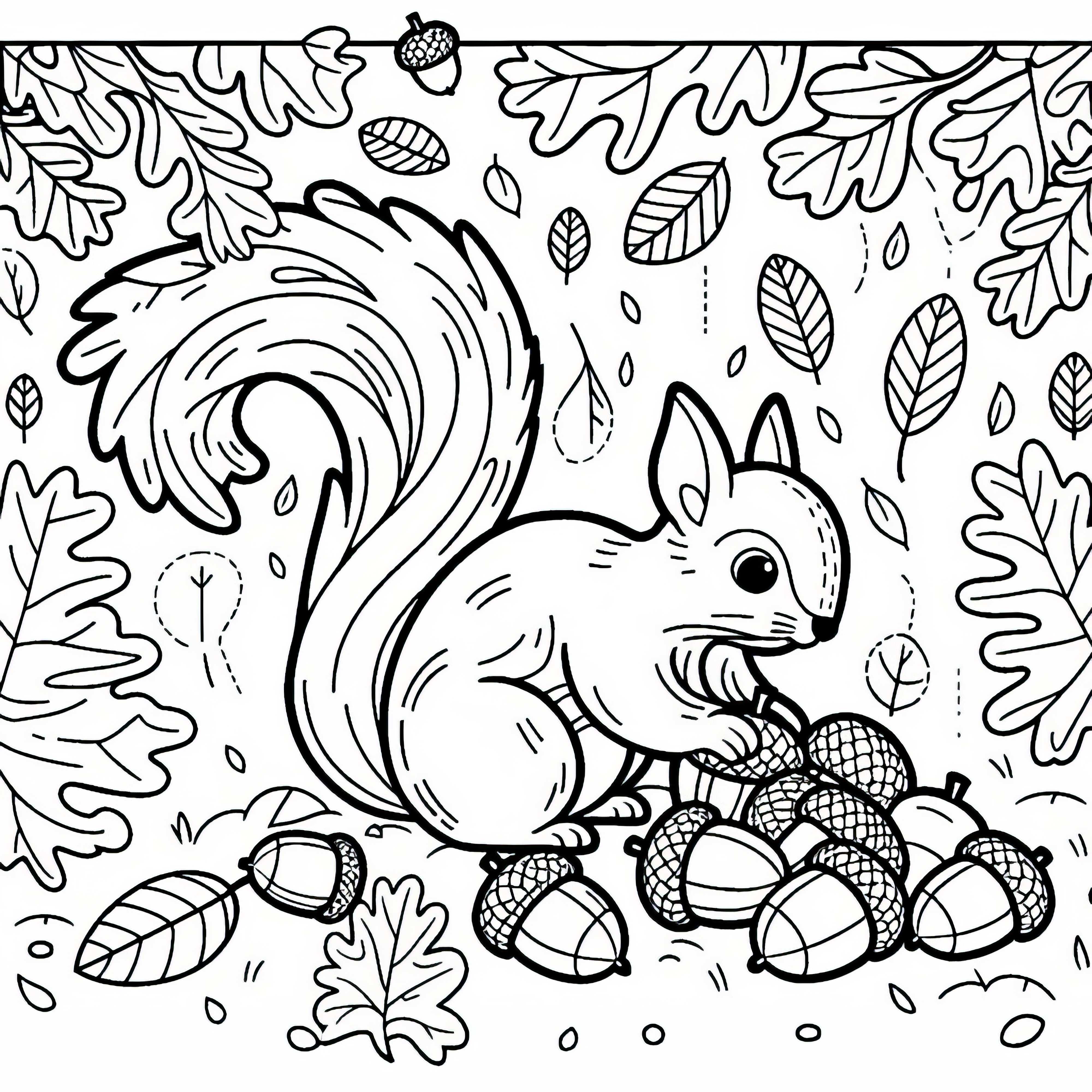 Una ardilla recolecta bellotas bajo hojas caídas - Dibujo para colorear de otoño gratis
