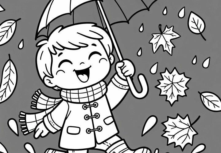 Niño salta con botas de goma y paraguas a través de charcos - Dibujo para colorear de otoño gratis